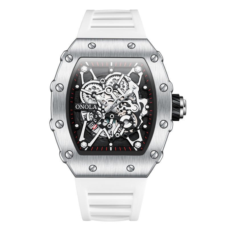 ONOLA Watch Automatic RX-Series with skeleton dial, alloy case, and white silicone strap