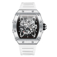 ONOLA Watch Automatic RX-Series with skeleton dial, alloy case, and white silicone strap