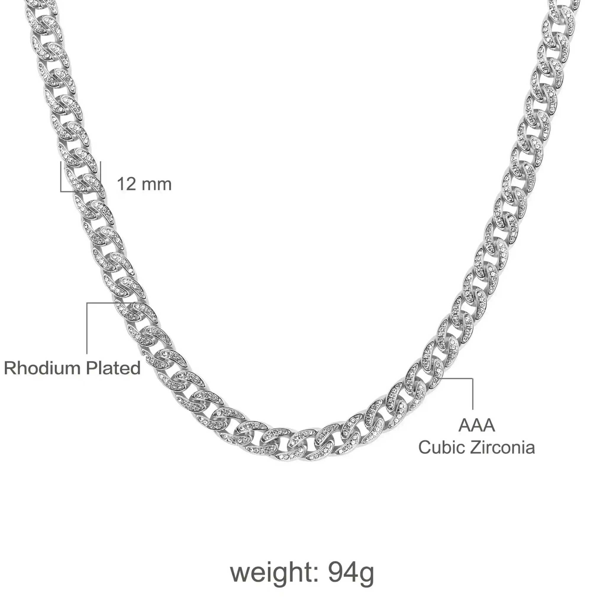 13 mm iced Cuban chain rhodium plated with AAA cubic zirconia stones and bold shine
