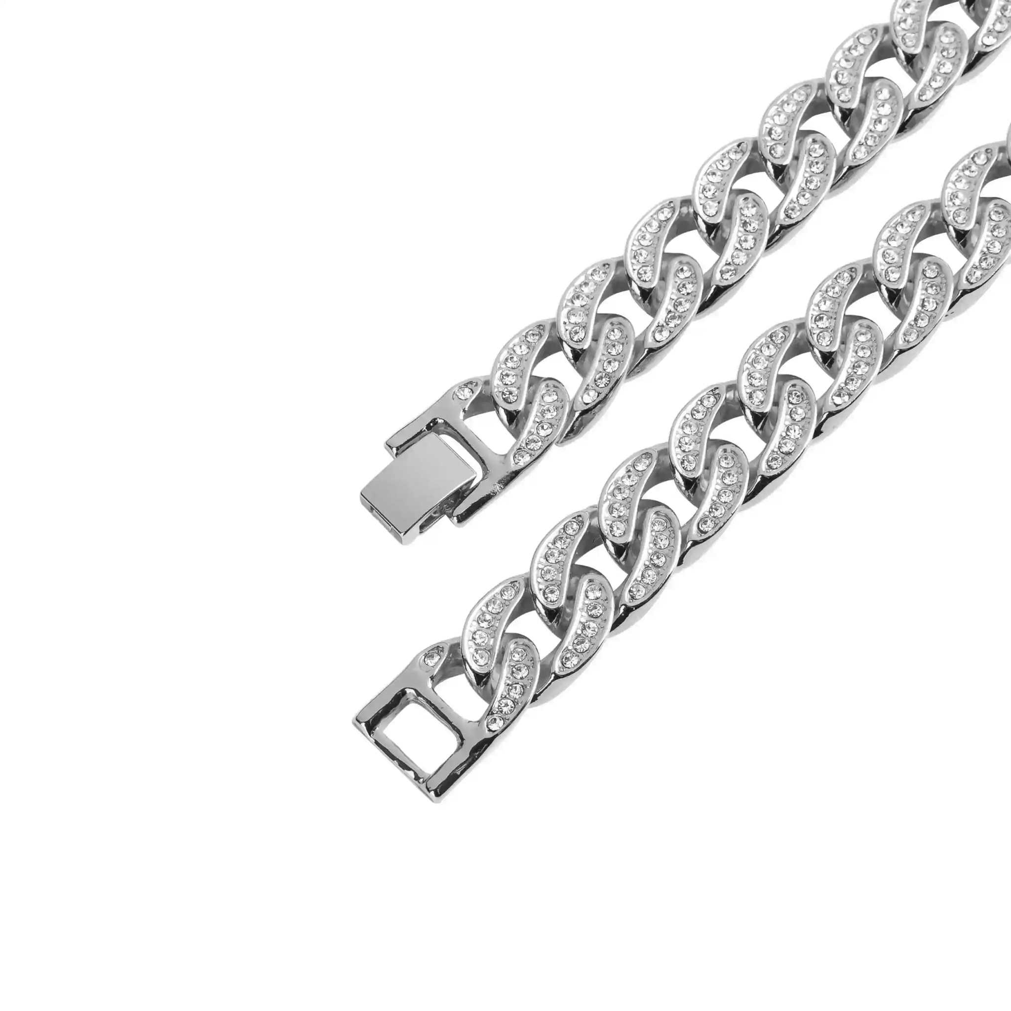 13 mm iced Cuban chain in rhodium with rhinestone crystals and fold-over clasp