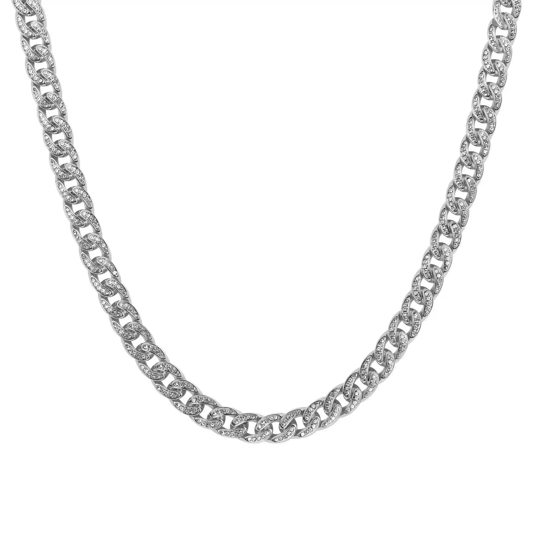 13 mm iced Cuban chain with rhodium plating and rhinestone crystals for bold hip hop style