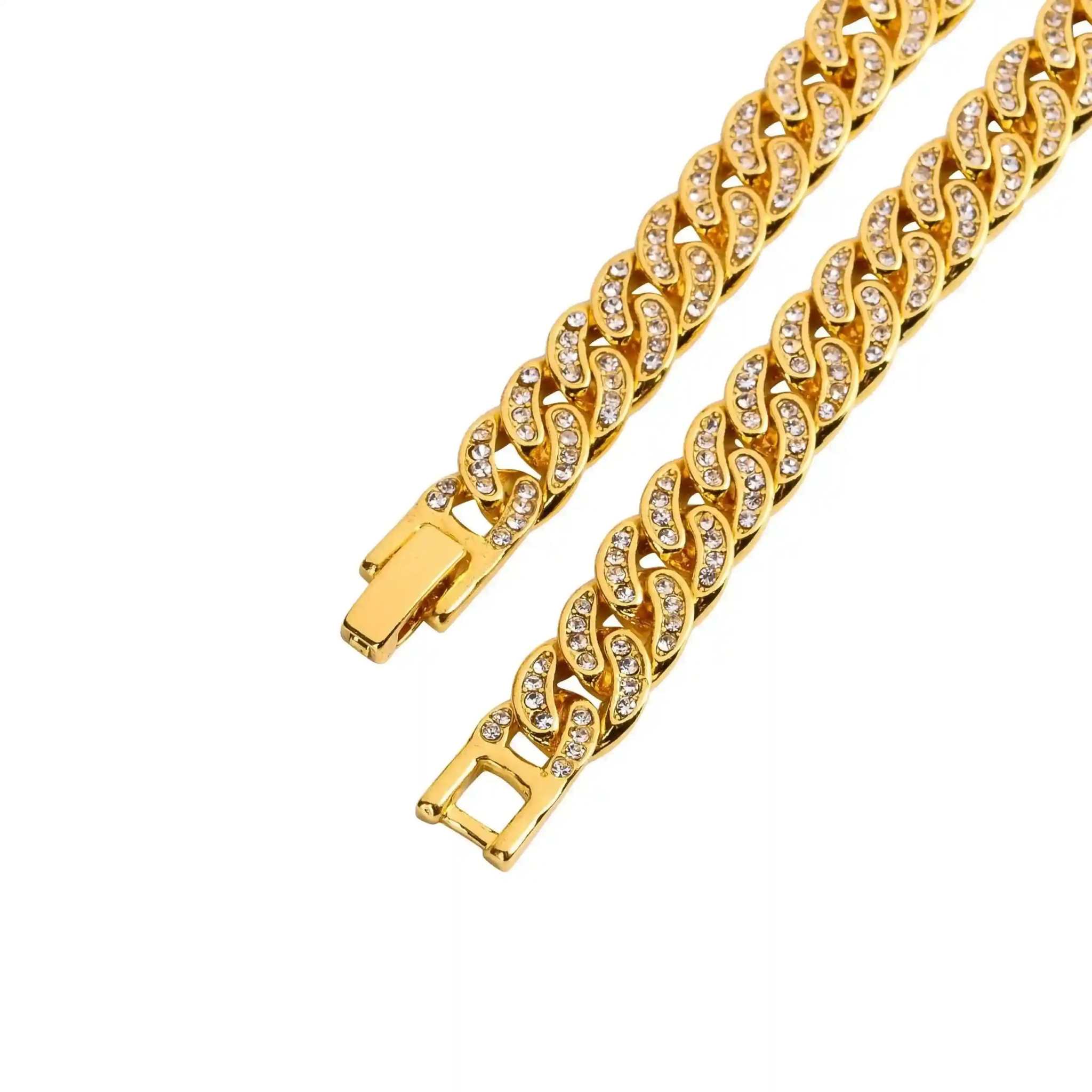Gold Crystal Cuban Chain 8mm wide 14K gold plated solid brass with crystal accents and secure fold-over clasp.