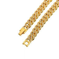 Gold Crystal Cuban Chain 8mm wide 14K gold plated solid brass with crystal accents and secure fold-over clasp.