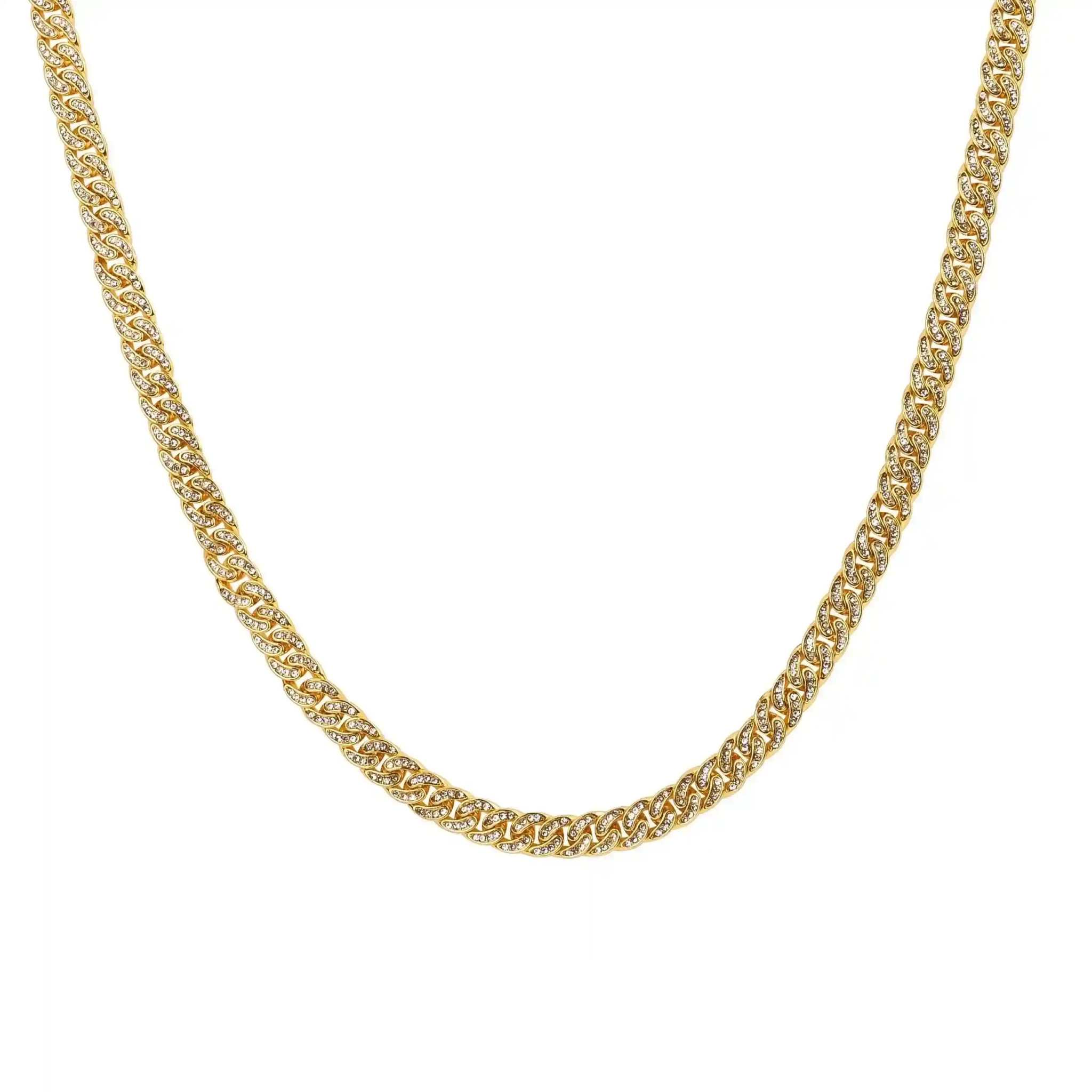 8 mm Gold Crystal Cuban Chain with 14K yellow gold plating and sparkling crystals, bold hip hop style necklace