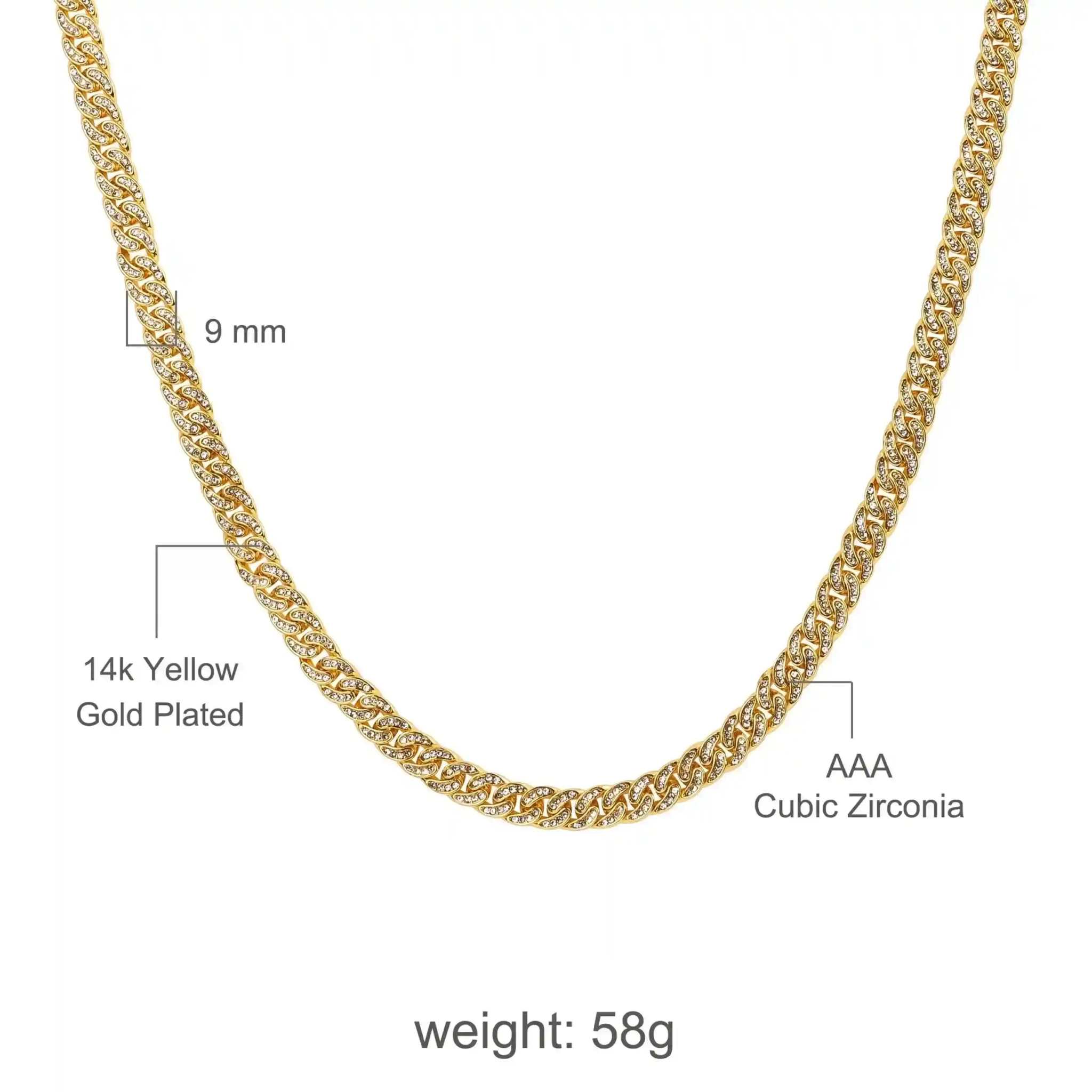 Gold Crystal Cuban Chain 8 mm wide with 14K yellow gold plating and AAA cubic zirconia crystals