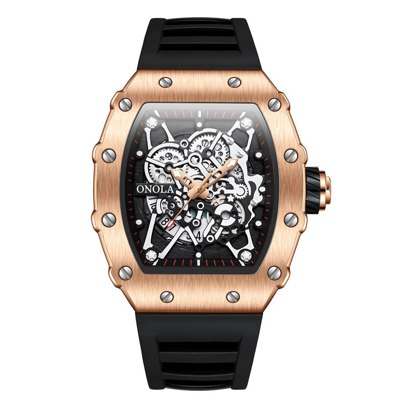 ONOLA Watch Automatic RX-Series with rose gold alloy case, black silicone strap, skeleton dial, and quartz movement