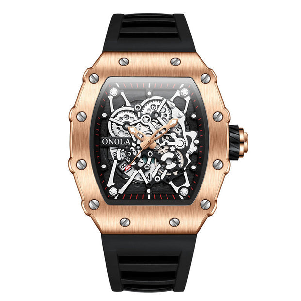 ONOLA Watch Automatic RX-Series with rose gold alloy case, black silicone strap, skeleton dial, and quartz movement