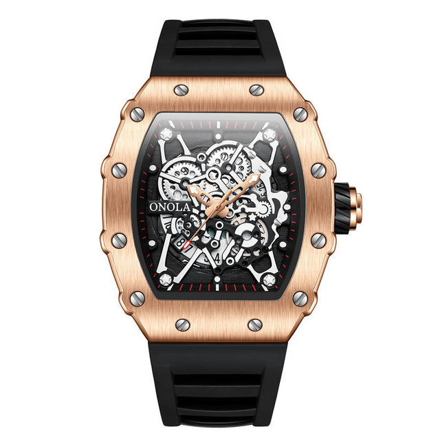 ONOLA Watch Automatic RX-Series with rose gold alloy case, black silicone strap, skeleton dial, and quartz movement