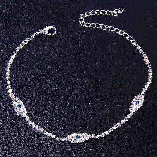Vintage Evil Eye Crystal Anklet with silver plating, cubic zirconia stones, and adjustable chain