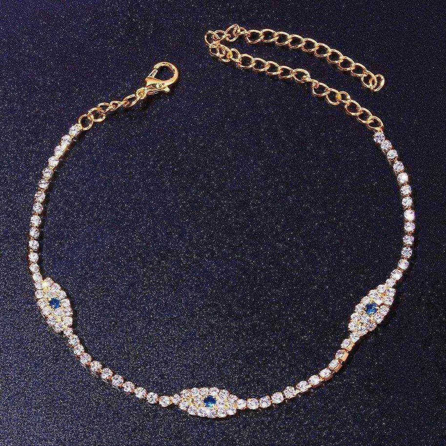 Vintage Evil Eye Crystal Anklet with blue evil eye charms and cubic zirconia stones in gold finish