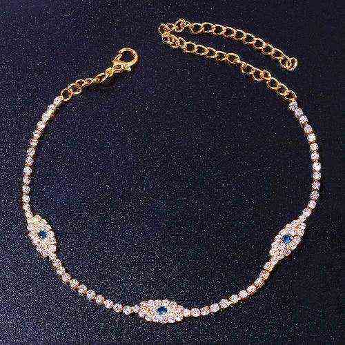 Vintage Evil Eye Crystal Anklet with blue evil eye charms and cubic zirconia stones on gold-color adjustable chain