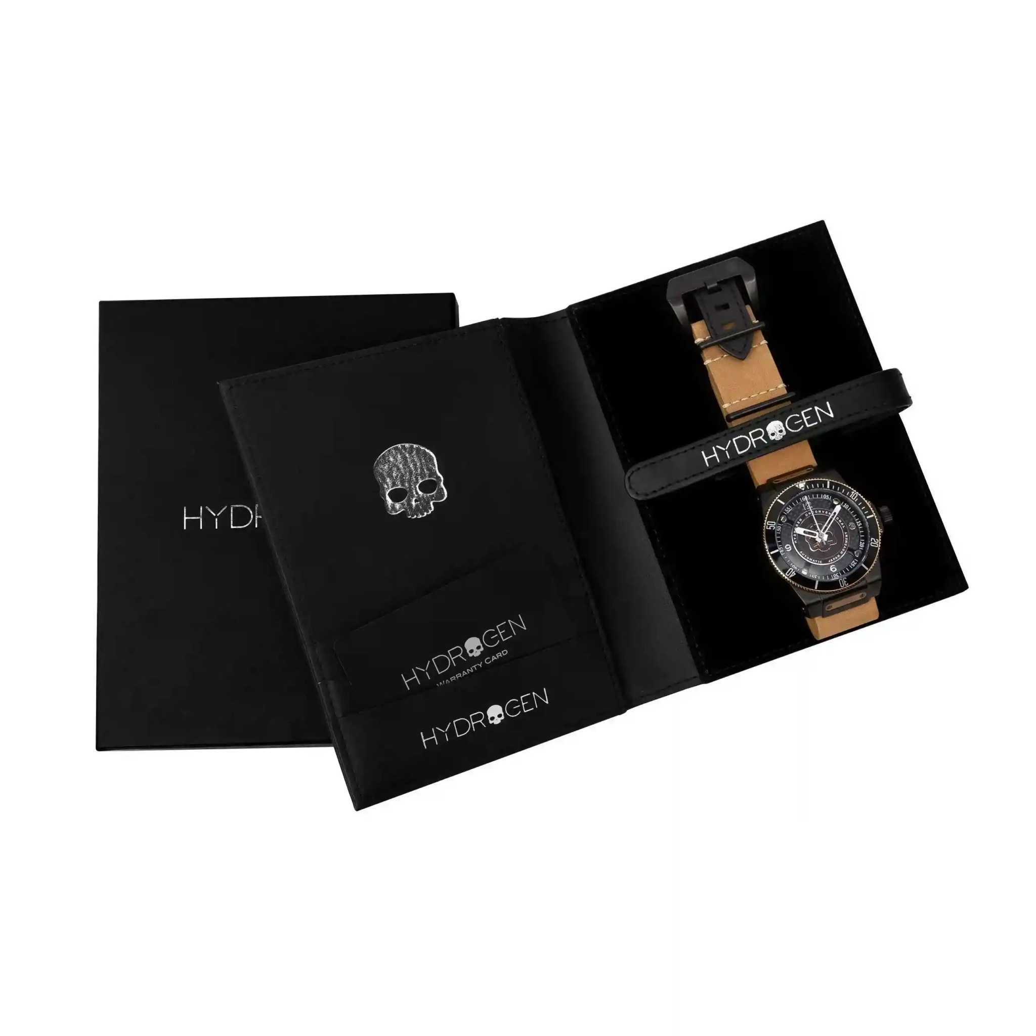 Sportivo Black - Rose Gold Watch with brown leather strap and Hydrogen skull logo in black presentation box