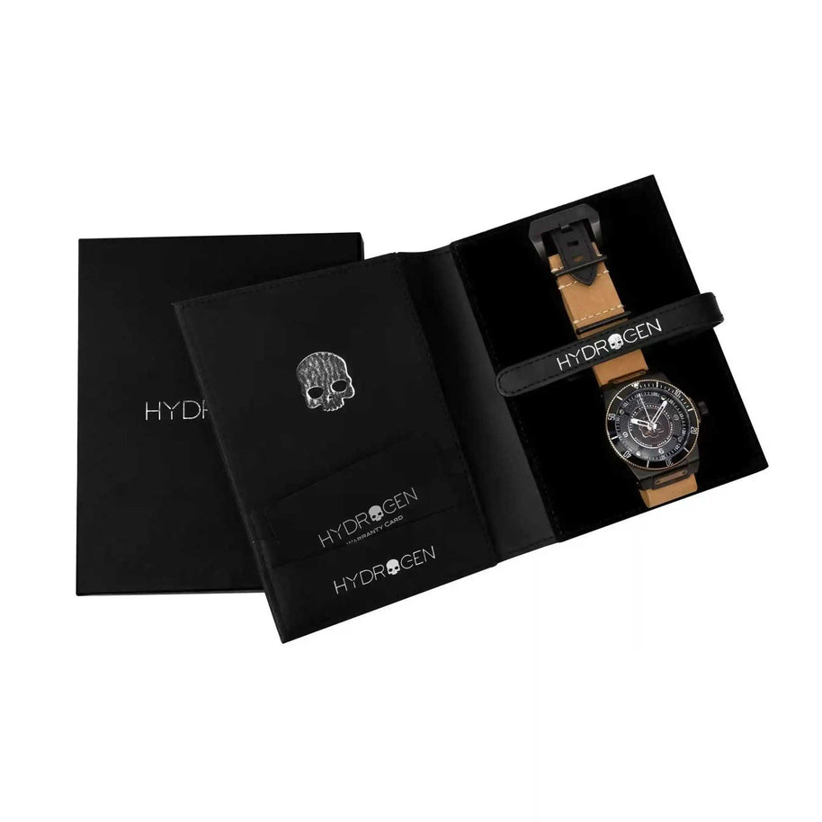 Sportivo Black - Rose Gold Watch with brown leather strap and Hydrogen skull logo in black presentation box