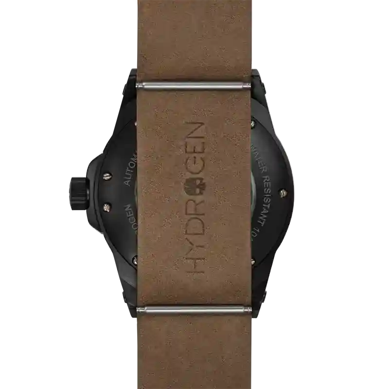 Sportivo Black - Rose Gold Watch with brown leather strap and matte black case back showing Hydrogen logo