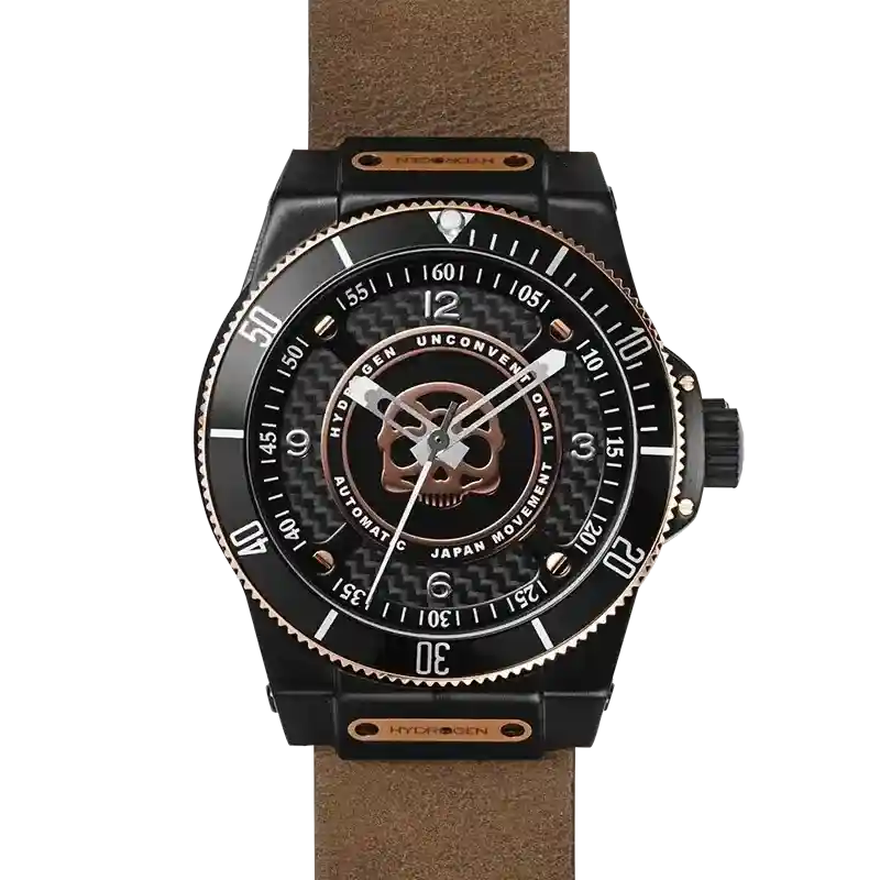 Sportivo Black - Rose Gold Watch with matte black dial, rose gold skull logo, and brown leather strap