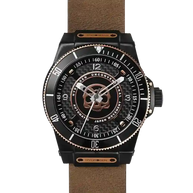 Sportivo Black - Rose Gold Watch with matte black dial, rose gold skull logo, and brown leather strap