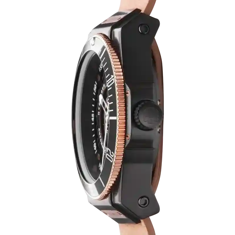 Side view of Sportivo Black - Rose Gold Watch with matte black case and rose gold bezel on brown leather strap