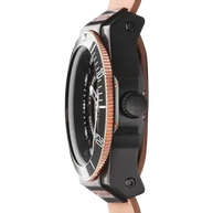 Side view of Sportivo Black - Rose Gold Watch with matte black case and rose gold bezel on brown leather strap
