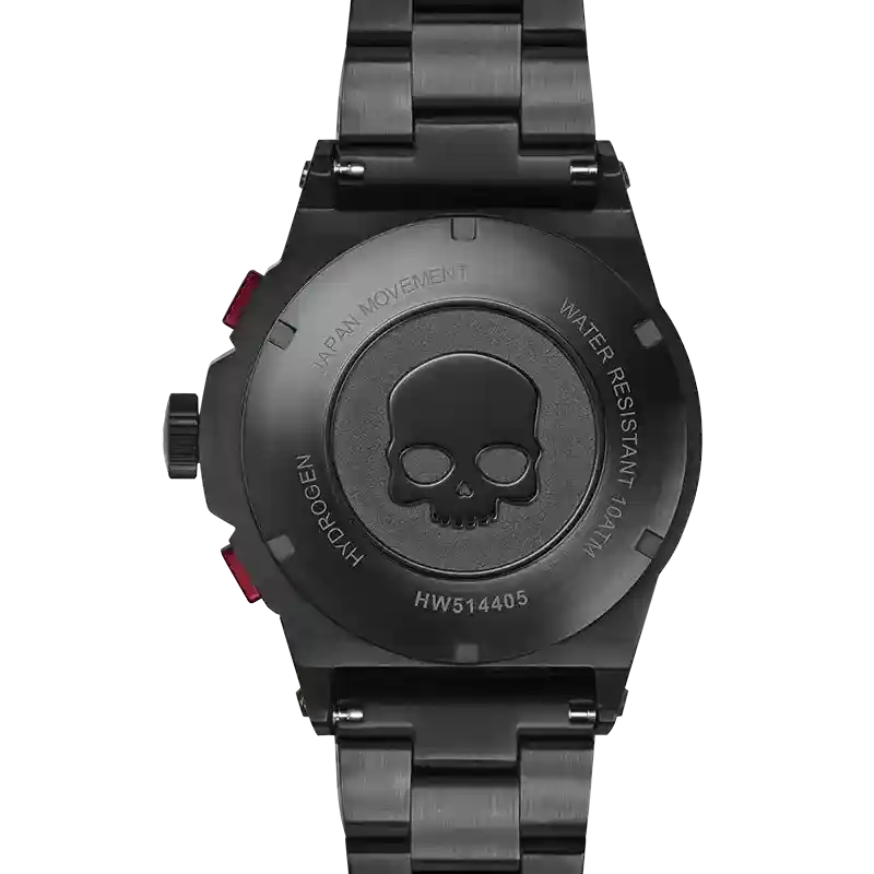 Back view of Otto Chrono Black Tachy Watch with black stainless steel case and skull engraving