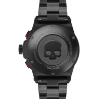 Back view of Otto Chrono Black Tachy Watch with black stainless steel case and skull engraving
