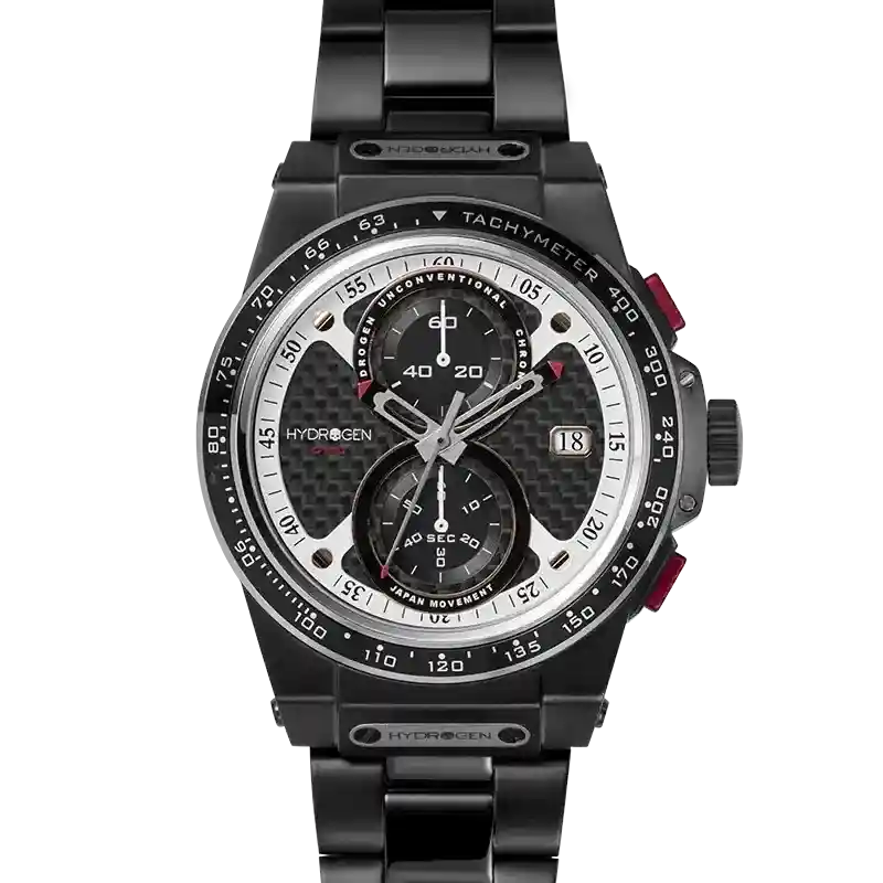 Otto Chrono Black Tachy Watch with carbon fiber dial, black stainless steel case, tachymeter, and black silicone strap.