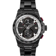 Otto Chrono Black Tachy Watch with carbon fiber dial, black stainless steel case, tachymeter, and black silicone strap.