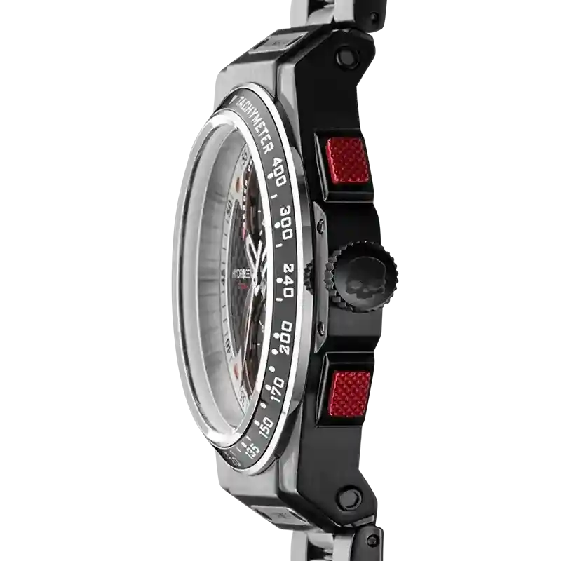 Side view of Otto Chrono Black Tachy Watch with black ionic stainless steel case and red pushers