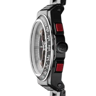 Side view of Otto Chrono Black Tachy Watch with black ionic stainless steel case and red pushers