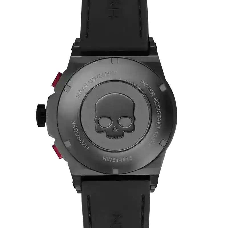 Otto Chrono All Black watch back view with skull design on black ion-plated stainless steel case and black strap