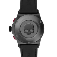 Otto Chrono All Black watch back view with skull design on black ion-plated stainless steel case and black strap