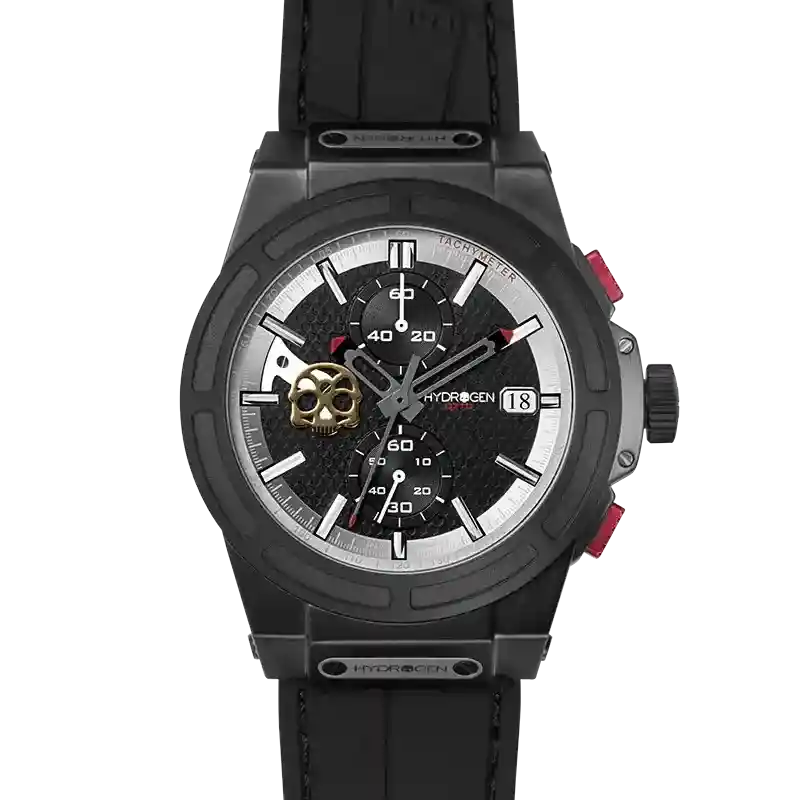 Otto Chrono All Black watch with black ion-plated case, chronograph, and skull detail on dark dial