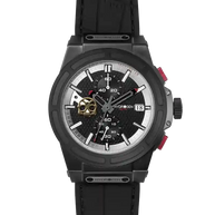 Otto Chrono All Black watch with black ion-plated case, chronograph, and skull detail on dark dial