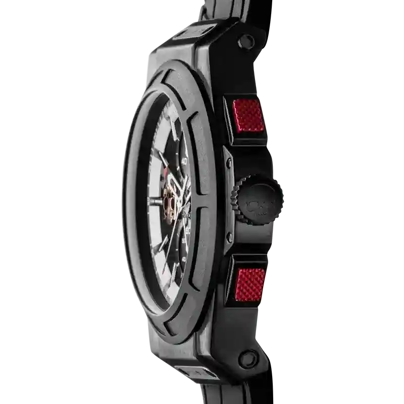 Otto Chrono All Black watch side view with black ion-plated case and red chronograph buttons