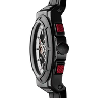 Otto Chrono All Black watch side view with black ion-plated case and red chronograph buttons