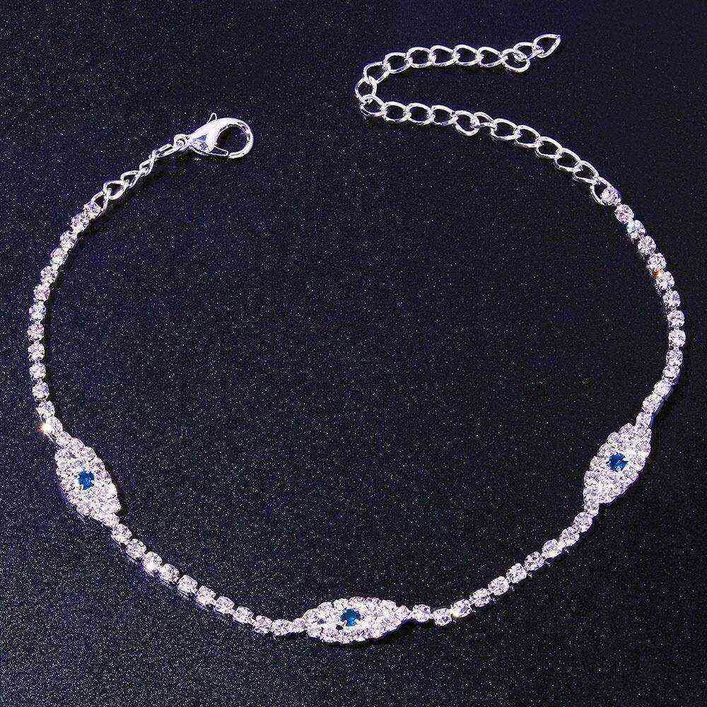 Vintage Evil Eye Crystal Anklet with blue evil eye charms and cubic zirconia stones on silver chain