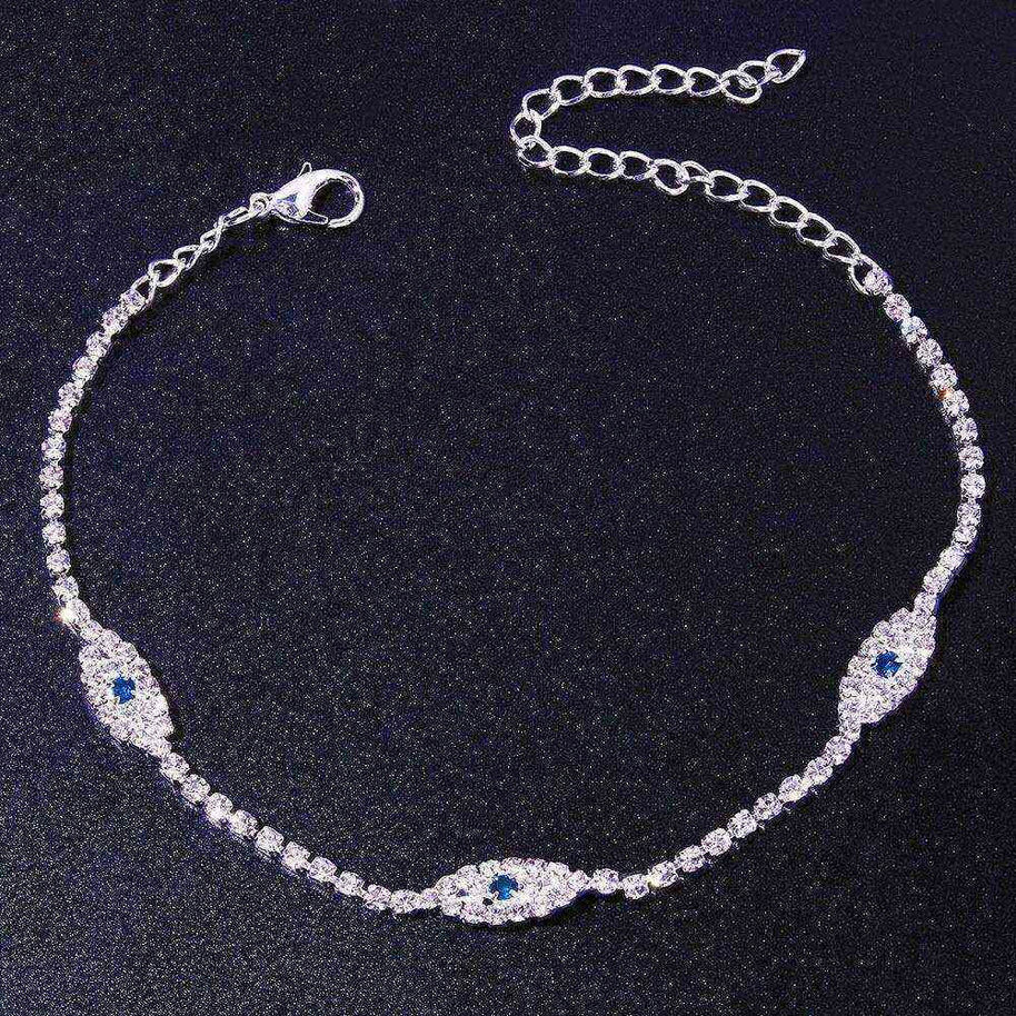 Vintage Evil Eye Crystal Anklet with blue evil eye charms and cubic zirconia stones on silver chain