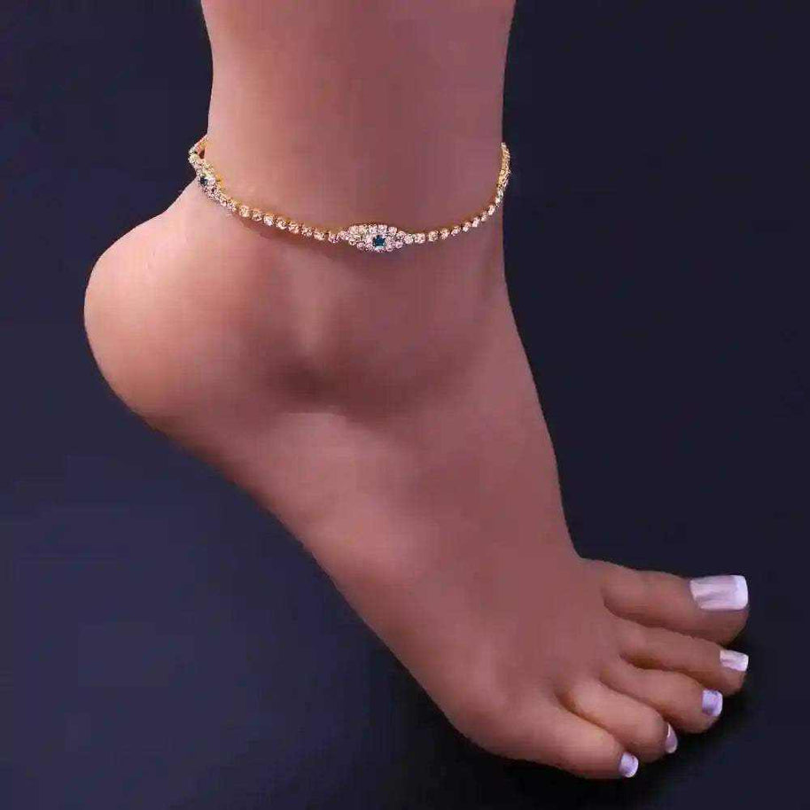 Vintage Evil Eye Crystal Anklet with gold finish and cubic zirconia on ankle