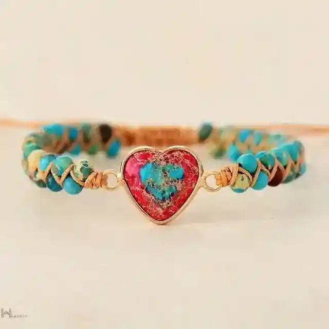 Imperial Jasper macrame bracelet with blue and beige beads and a heart-shaped red stone charm