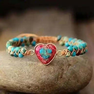 Imperial Jasper Macrame Bracelet with turquoise beads and red heart charm on adjustable cord