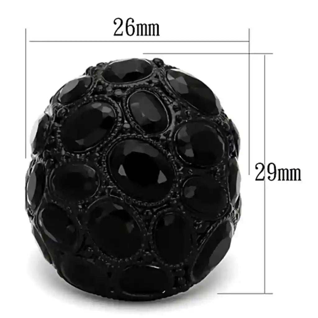 Black spherical CZ Accent Ring with multiple faceted black stones measuring 26mm by 29mm