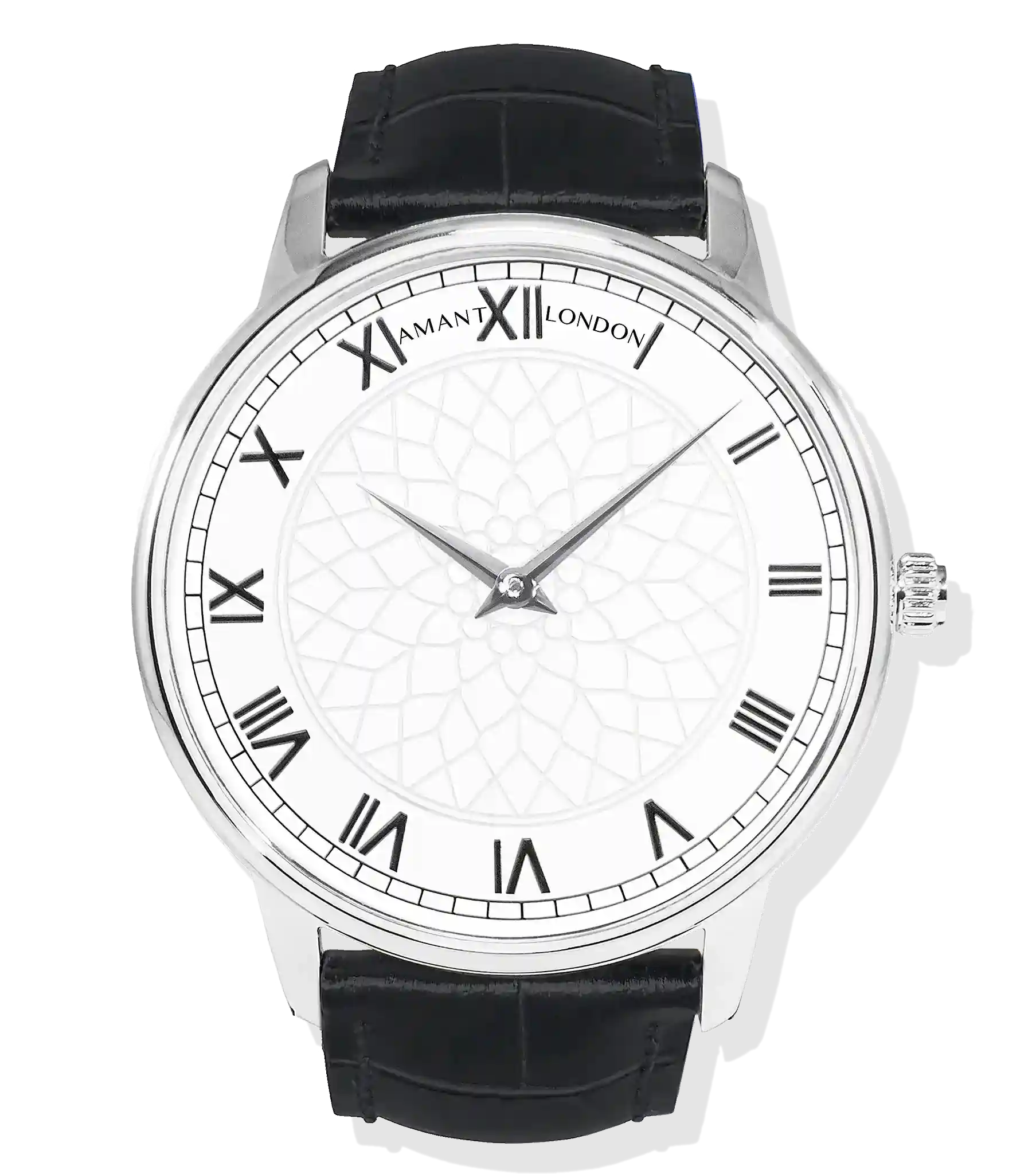London Ultra-Thin Watch with silver stainless steel case, Roman numeral dial, and black Italian calfskin strap