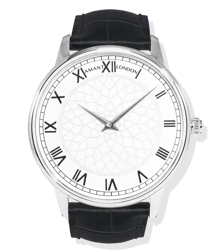 London Ultra-Thin Watch with silver stainless steel case, Roman numeral dial, and black Italian calfskin strap