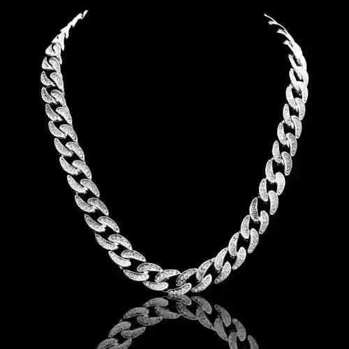 13 mm iced Cuban chain necklace with rhodium plating and sparkling rhinestone crystals on Cuban links against black background