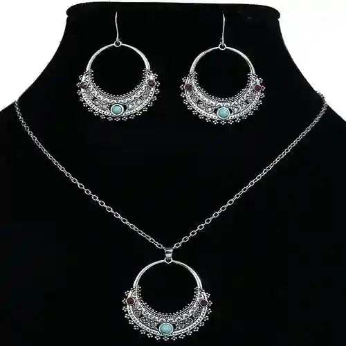 Rustic Tribal Stone Set silver necklace and turquoise dangle earrings boho jewelry set