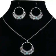 Rustic Tribal Stone Set silver necklace and turquoise dangle earrings boho jewelry set