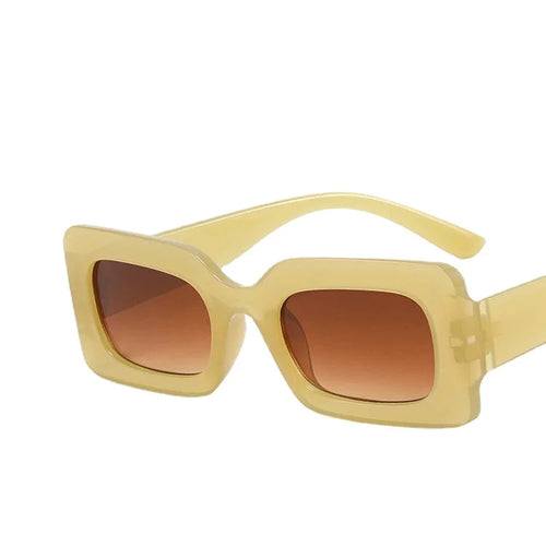 Yellow vintage rectangle sunglasses for women with UV400 resin lenses and polycarbonate frame