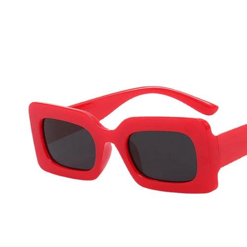 Red vintage rectangle sunglasses with black UV400 resin lenses and polycarbonate frame for women