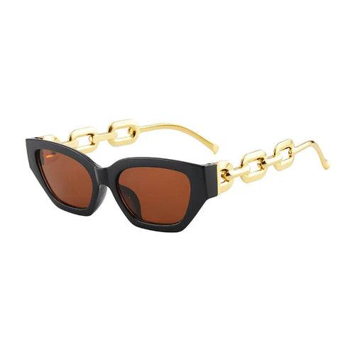 Fashion Cat Eye Sunglasses with black frame, brown lenses, and gold chain-link temples for stylish UV400 protection