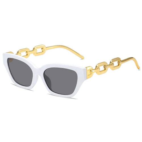 Fashion cat eye sunglasses with white frames and gold chain-link arms, mirror lenses with UV400 protection
