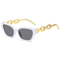 Fashion cat eye sunglasses with white frames and gold chain-link arms, mirror lenses with UV400 protection